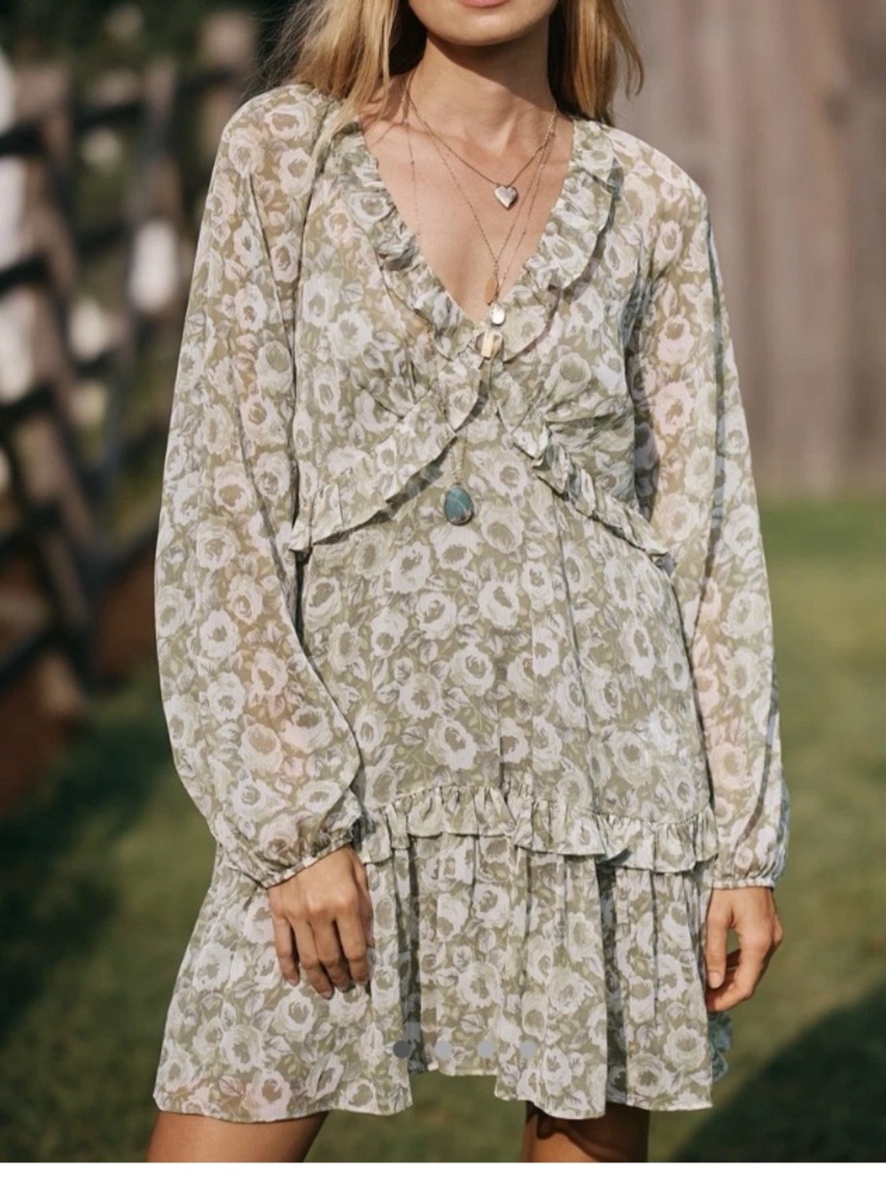 @loverlygrey x Anthropologie Puff-Sleeve Ruffle Mini Dress Green Floral 1X